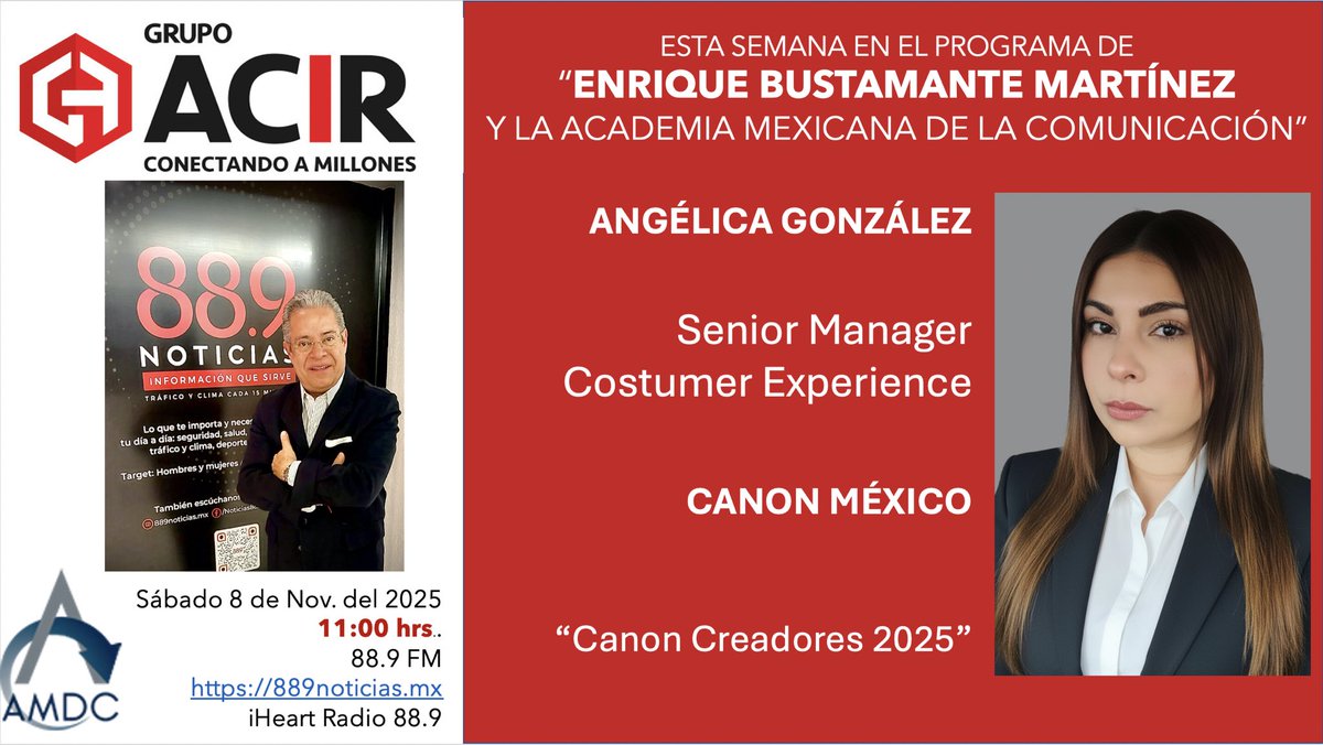 EnriqueB01's tweet image. Hoy en #MiProgramaDeRadio de la Academia Mexicana de la Comunicación, Angélica González Senior Manager en #Canon 
La cápsula de IA @jhidalgo y de “TEContamos”

11:00 hrs en el 88.9 FM o 889noticias.mx y también a través de iHeart Radio