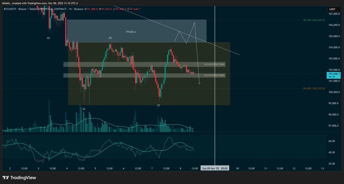 MikeOnCrypto_'s tweet photo. BTC en 1H parece formar una acumulación Wyckoff. Aún es pronto, sin SOS/LPS y ruptura del AR no hay confirmación. Si se valida, podríamos ver reacción alcista. Ojo al rango y al volumen. 📈👀 #BTC #Wyckoff #TA https://t.co/al7dAQxB84