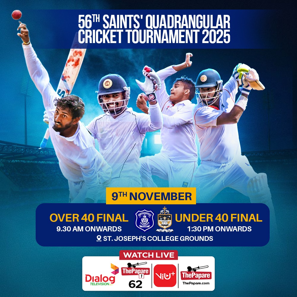 ThePapareSports's tweet photo. It’s Final Day at the Saints’ Quadrangular ⚡

The ultimate rivalry continues as St. Joseph’s College and St. Peter’s College clash in both finals – Over 40 &amp; Under 40 – tomorrow at St. Joseph’s College Grounds.

Featuring stars Angelo Mathews, Dunith Wellalage, &amp; Thisara Perera. https://t.co/jjJ9aSoDPT