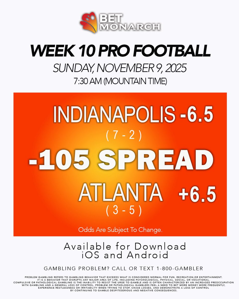 Download the Bet Monarch – Colorado App and take advantage of our NEW promo: -105 spreads on every NFL regular season game!

Bet Monarch Colorado is available for download on iOS and Android. Must be 21+ to download and wager.

📲GAMBLING PROBLEM? CALL OR TEXT 1-800-GAMBLER