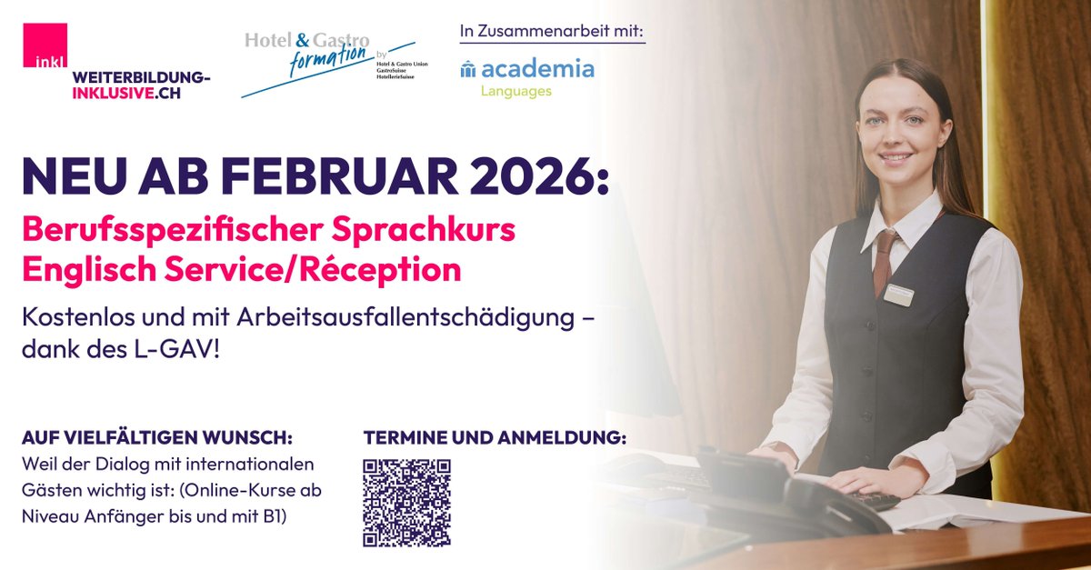Sprache öffnet Türen – zu Gästen, zum Team und zu Chancen im Berufsalltag. Englisch ist ein Schlüssel dazu!

portal.hotelgastro.ch/public/eventli…

#fortbildung #gewerkschaft