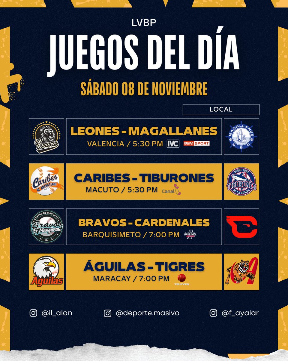 ¡¡JUEGOS DE LA JORNADA DE ESTE SÁBADO EN LA #LVBP!! ⚾️🇻🇪

🔸Leones vs. Magallanes en Valencia.
🔹Caribes vs. Tiburones en La Guaira.
🔸Bravos vs. Cardenales en Barquisimeto.
🔹Águilas vs. Tigres en Maracay.

⌚️Horarios y transmisiones 📺 en la imagen.

✅ <a href="/DeporteMasivos/">Deporte Masivo 🏆</a>