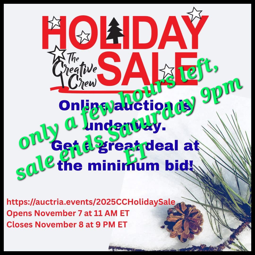 Don't miss out. Get in on the auction for a great deal! Minimum bids start at 33% of the retail value.

All proceeds will be donated to WFS.
Register or view catalog: auctria.events/2025CCHolidayS…
Opens Nov 7@ 11am ET
Closes Nov 8@ 9pm ET