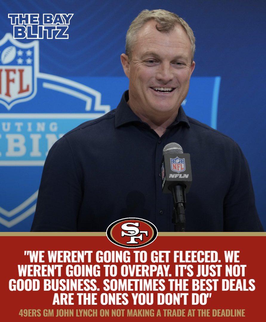 TheBayBlitz's tweet image. LYNCH ON NINERS DEADLINE DECISION.

#49ers GM John Lynch went on KNBR on Thursday and explained why San Francisco did not do any deals at the deadline for the first time since 2018.

All things considered, fair enough.
