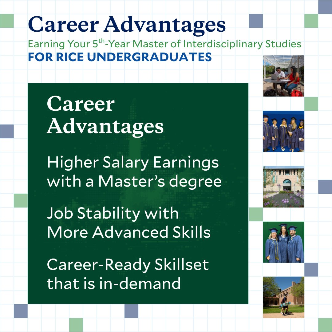 ContinueRice's tweet image. 🎓 Fast track your career with Rice’s 5th Year Master of Interdisciplinary Studies! Earn a graduate degree in just one year and gain the skills to lead, innovate and stand out in the job market. Learn more: hubs.la/Q03RX6-F0 #gradschool #interdisciplinarystudies
