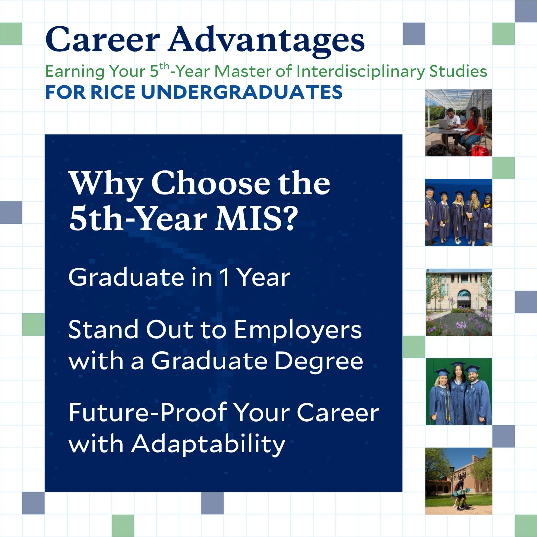 ContinueRice's tweet image. 🎓 Fast track your career with Rice’s 5th Year Master of Interdisciplinary Studies! Earn a graduate degree in just one year and gain the skills to lead, innovate and stand out in the job market. Learn more: hubs.la/Q03RX6-F0 #gradschool #interdisciplinarystudies