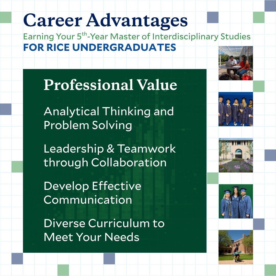 ContinueRice's tweet image. 🎓 Fast track your career with Rice’s 5th Year Master of Interdisciplinary Studies! Earn a graduate degree in just one year and gain the skills to lead, innovate and stand out in the job market. Learn more: hubs.la/Q03RX6-F0 #gradschool #interdisciplinarystudies