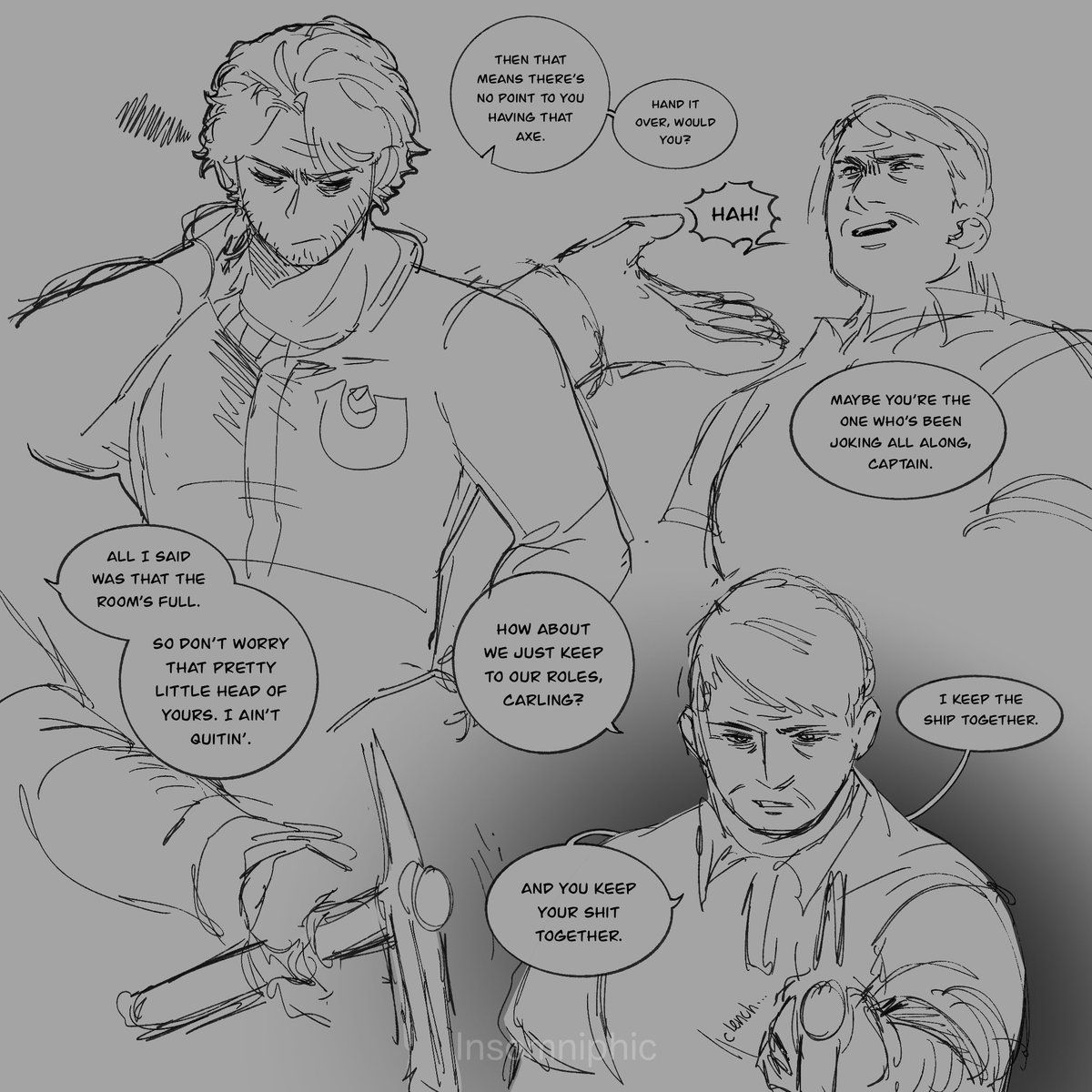 InSomniphic's tweet photo. “Full Room” || #Mouthwashing Reverse!AU Part 5

Because of Curly’s dismissive attitude towards Daisuke, he’s been clinging to Swansea even more. He still never figures out Swansea’s intentions though.

(1/2) https://t.co/GTHmSewflV