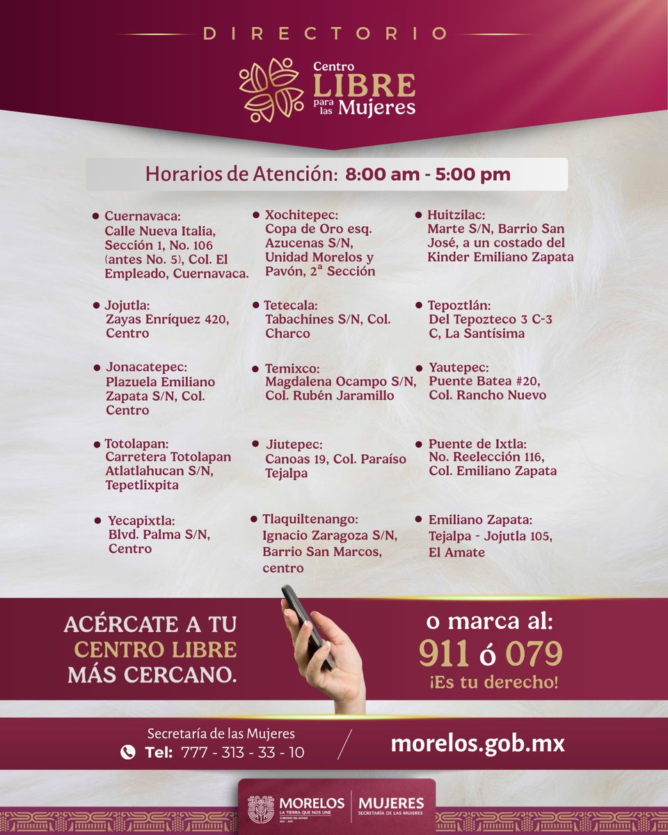 En #LaTierraQueNosUne las mujeres no están solas.
Los Centros Libre para las Mujeres son espacios seguros donde encontrarás orientación, acompañamiento y apoyo para ejercer tus derechos.
Acércate al más cercano o llama al 911 o 079.
📍 Consulta el directorio aquí 👇