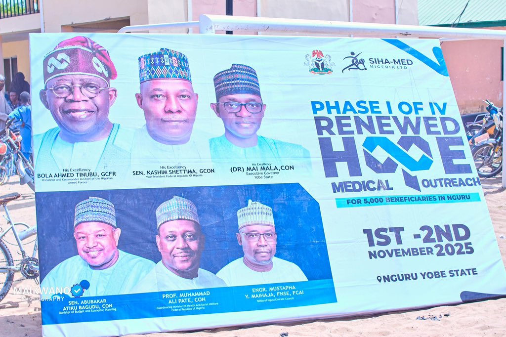 HassanPeppe's tweet photo. The Renewed Hope Medical Outreach in Nguru Local Government Area, Yobe State, organized under the MM NGU Renewed Hope Engagement in partnership with SIHA MED NIG. LTD. has successfully completed the first phase of its landmark health intervention.

The comprehensive free medical outreach program anchored on the visionary Renewed Hope Agenda of His Excellency, President Bola Ahmed Tinubu, GCFR, reinforces the incumbent administration’s commitment to strengthening Nigeria’s health system and improving the wellbeing of every citizen.

We commend the Honourable Minister of Budget and Economic Planning, Sen. Atiku Abubakar Bagudu for his exceptional support, which has been pivotal in making this impactful program a reality.

Additionally, we appreciate and commend His Excellency Governor Mai Mala Buni, CON for his continued commitment to advancing healthcare delivery across the state, making Yobe a hub for qualitative and affordable medical services. 

In alignment with these national and state priorities, Engr. Muhammad Maihaja proudly championed this initiative in Nguru LGA, ensuring its successful rollout to the benefit of thousands of residents. 

The two-day program was flagged off by His Royal Highness, the Emir of Nguru, Alh. Mai Mustapha  Ibn Mai Kyari, ably represented by the Waziri of Nguru, Alh. Muhammadu Aminami. 

Represented during the flag-off by, Muhammad Yusuf Maihaja, Engr Muhammad Mustapha Maihaja, a young philanthropist proud son of Nguru Local Government reaffirmed the outreach’s dedication to advancing this administration’s objectives in the healthcare sector. 

The first phase recorded over 1,500 beneficiaries, who received a wide range of free healthcare interventions including:
- Medical consultations
- Checking of Blood pressure and blood sugar levels. 
- Rapid diagnostic tests
- Distribution of essential medicines
- Hygiene and dignity kits for women and children. 
- Nutritional support for vulnerable groups
- Health education and counseling
- Provision of insecticide-treated mosquito nets
- Refreshments for patients and volunteers. 
- Advocacy visits within the community. 

Other dignitaries present at the occasion include, Nguru LG Chairman Alh. Muhammad Mairami, represenred by the Supervisory Councillor on Health, Hon. Musa Bulama, the APC Party Chairman of Nguru, Alh. Talba Kachallah, the Chief Imam of Nguru LG amongst others. 

With a target of 5,000 beneficiaries across four phases, this stands as the largest youth-sponsored medical outreach in Yobe State, a testimony to the power of patriotic service and social responsibility.

With phase one successfully completed, preparations are already underway to extend these medical services to more communities in the coming weeks, sustaining hope, saving lives, and strengthening health for all.