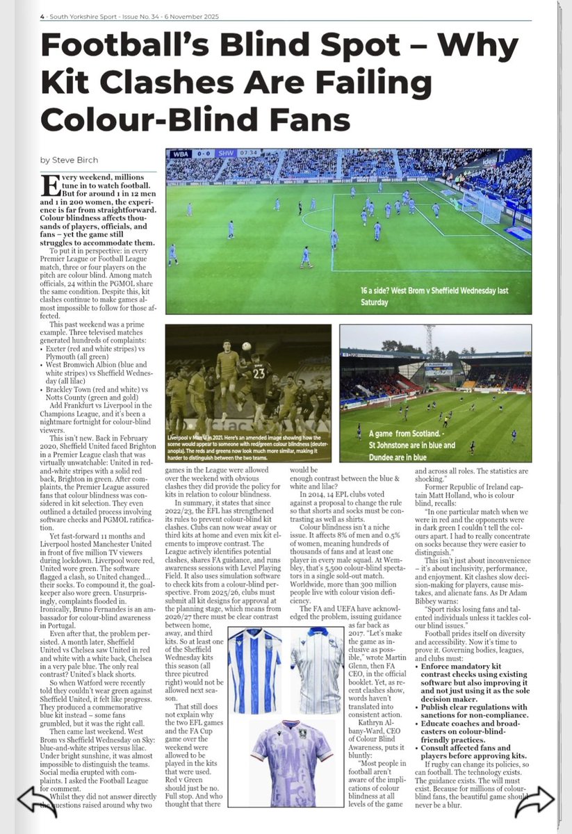 Our article this week - free at southyorkshiresport.co.uk  - on how football fans who are colour blind are being short changed by the authorities and clubs <a href="/colourblindorg/">ColourBlindAwareness 🇺🇦 🌻</a>