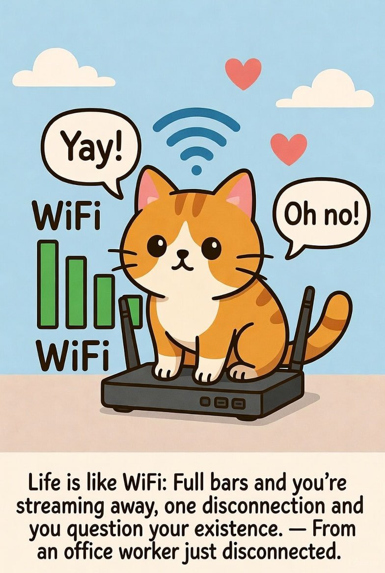 Life is like a WiFi signal: when it's full, you can binge-watch your favorite shows; when it goes offline, you'll start to question the meaning of life.