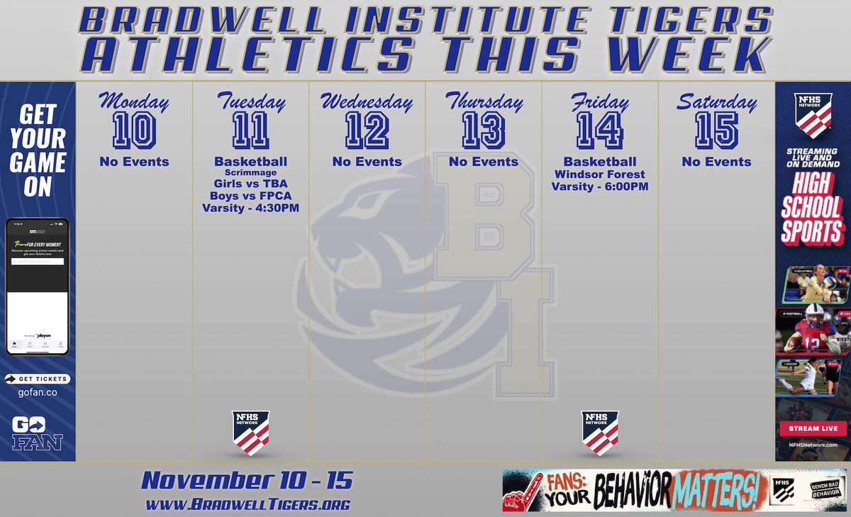 Tigers Athletics this week!! Come out and support your Tigers!!! #BIUKnow
Tickets at gofan.co/app/school/GA2…
Watch live at nfhsnetwork.com/schools/bradwe…