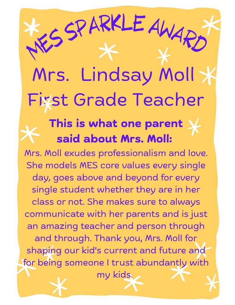 M19_MES's tweet image. Mascoutah Elementary School would like to congratulate Mrs. Lindsay Moll, first grade teacher, whom was nominated for our staff Sparkle award. We are happy that she is a part of our team.  #MESProud #19EveryStudent