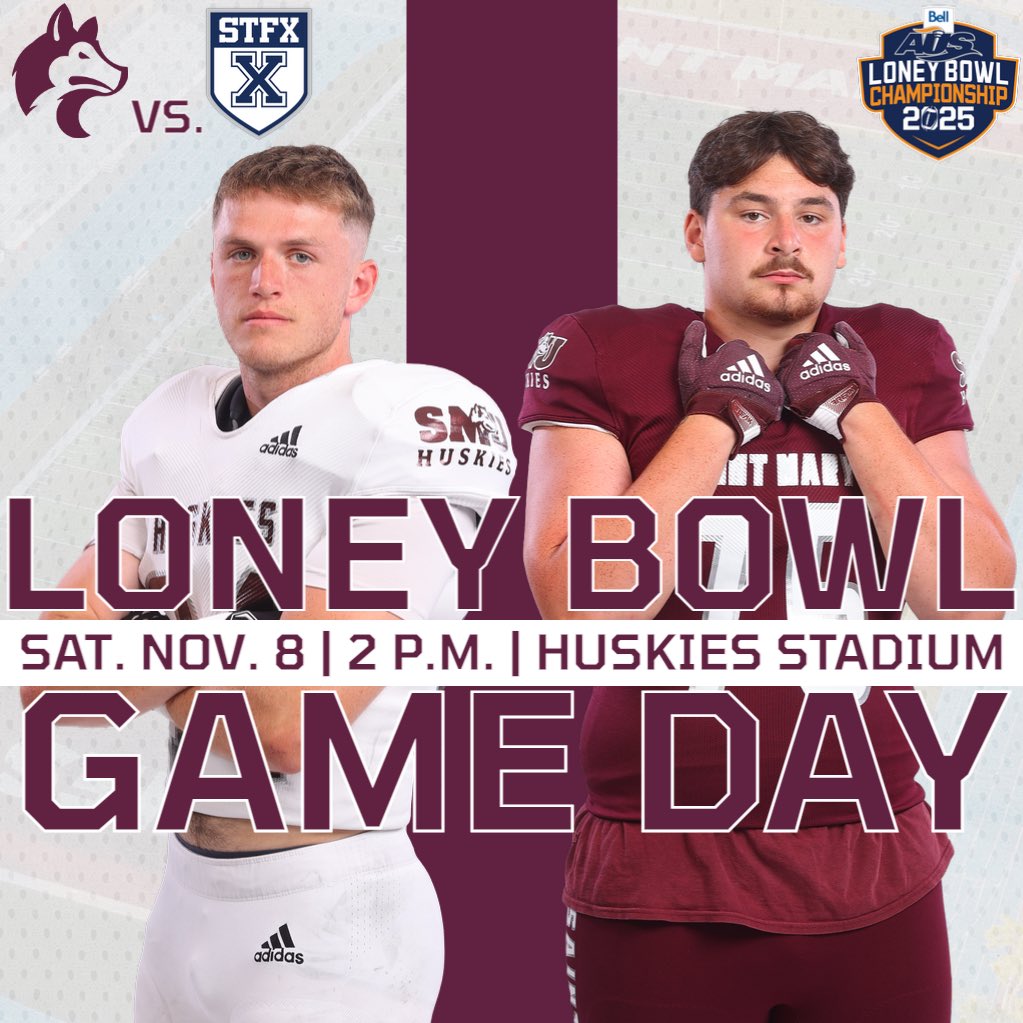 SMUHuskies's tweet image. HUSKIES PLAYOFF GAME DAY 🏈

It all comes down to this! The Huskies host the STFX X-Men in today’s 2025 Bell Loney Bowl Championship game!

🆚 @StFXAthletics 
⏰2 p.m. kick-off
🏟️Huskies Stadium
Get tickets🎟️: bit.ly/43msQRH
Watch live 📺: austv.ca/watch/2323