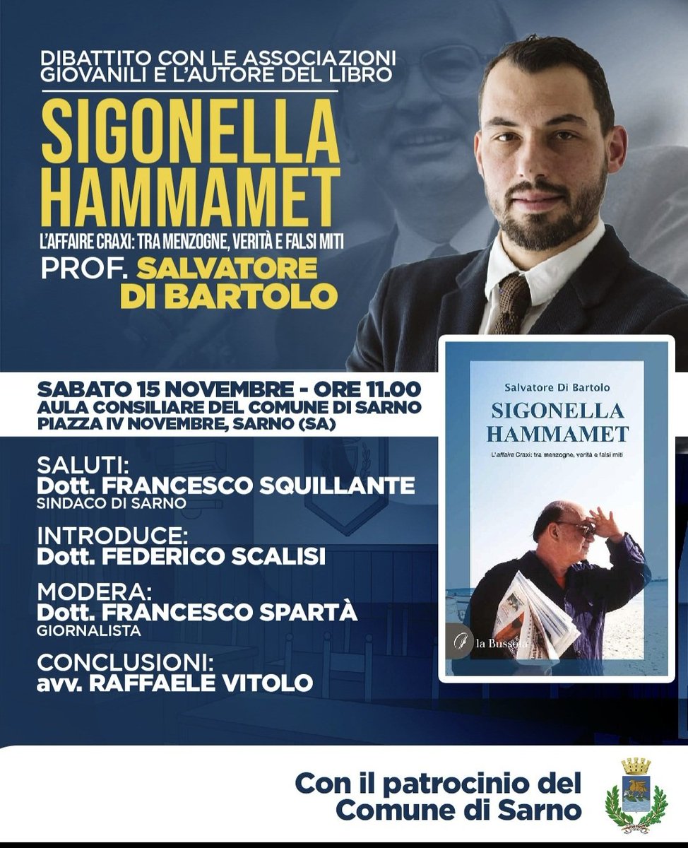 Per chi volesse, l'appuntamento è sabato prossimo alle ore 11 a Sarno. Con me Francesco Spartà, Federico Scalisi e Raffaele Vitolo. 

Un ringraziamento al Comune di Sarno per la concessione del patrocinio, al sindaco Francesco Squillante e alle associazioni giovanili sarnesi.