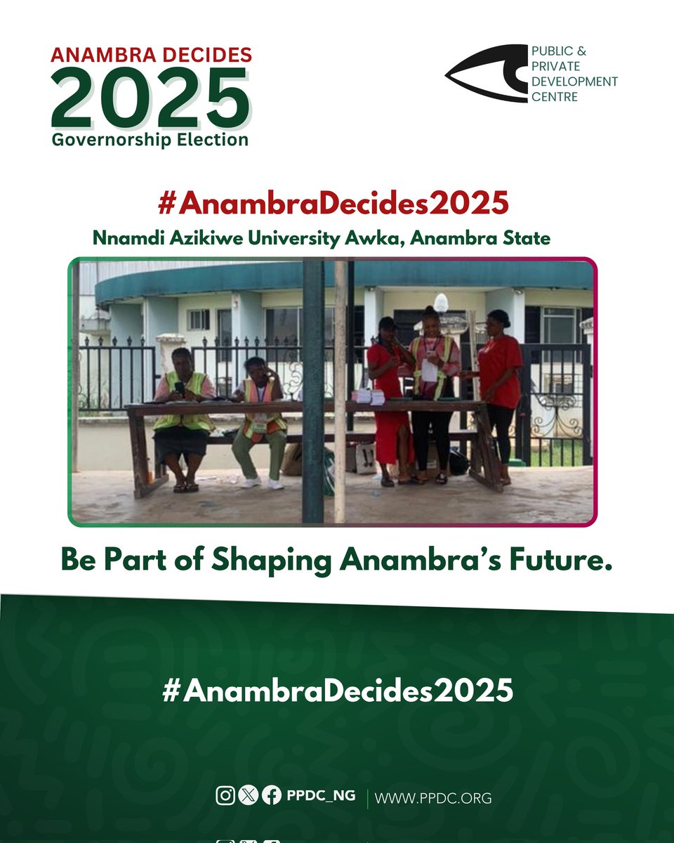 PPDC_ng's tweet image. Observing voter turnout in the Anambra State Governorship Election at Nnamdi Azikiwe University, Awka, as voting comes to a close.

Voters continue to play a vital role in strengthening democracy.

#AnambraDecides2025 #PPDC #AnambraElection #YourVoteYourVoice #VoteWisely…