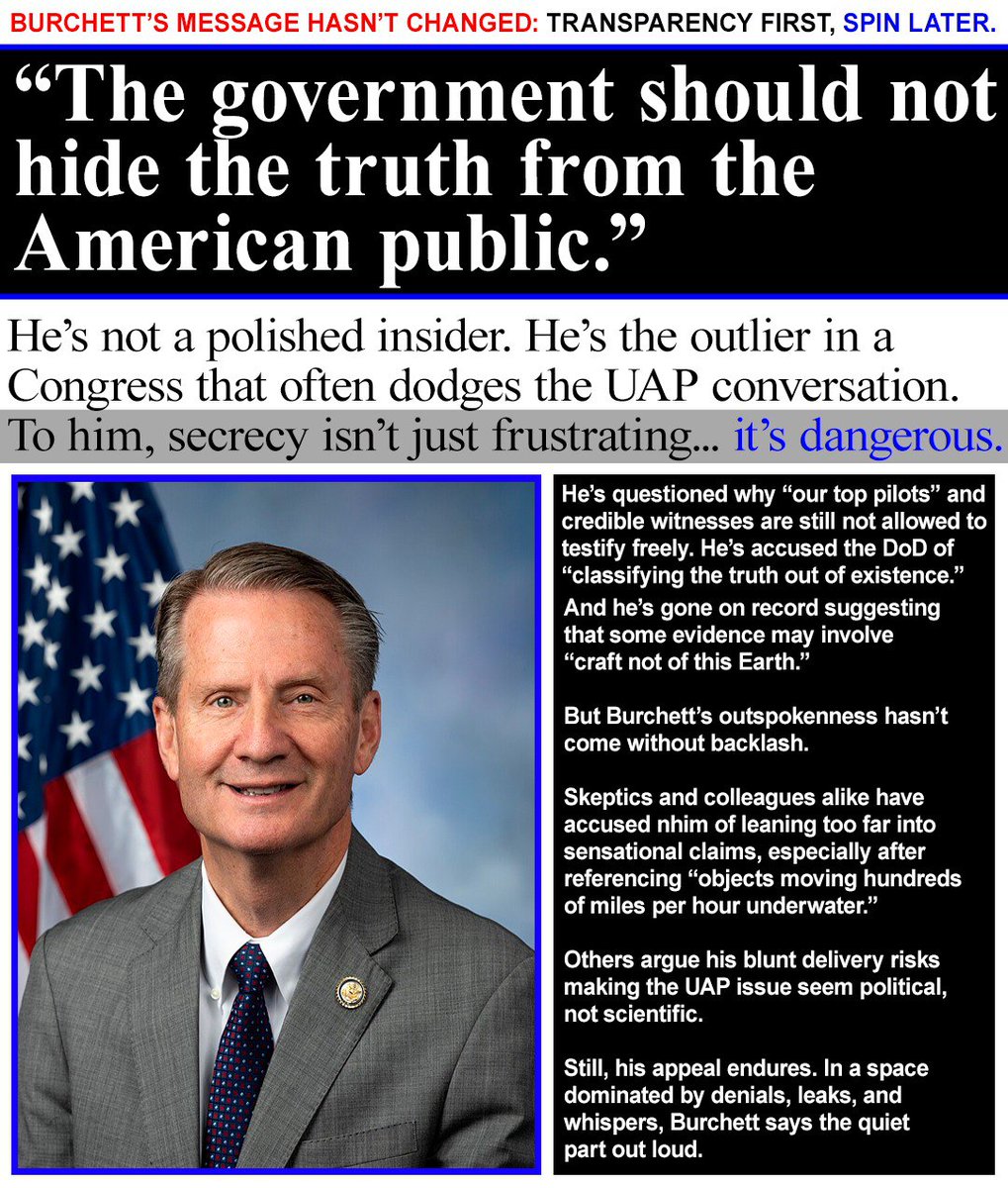 TruAnsUnkn's tweet image. DISCUSSION Deep Dive on The Age of Disclosure Cast: 
Part 1 — Rep. Tim Burchett @timburchett 

Before Disclosure was trending, Rep. Tim Burchett (R-TN) had already made it his political hill to die on.

He’s not a polished insider. This man is the outlier in a Congress that often…