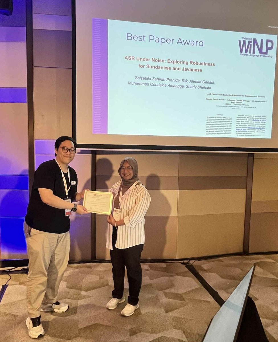 WiNLPWorkshop's tweet photo. The best paper award goes to "ASR Under Noise: Exploring Robustness for Sundanese and Javanese". Congrats! https://t.co/e3Cdy452E6