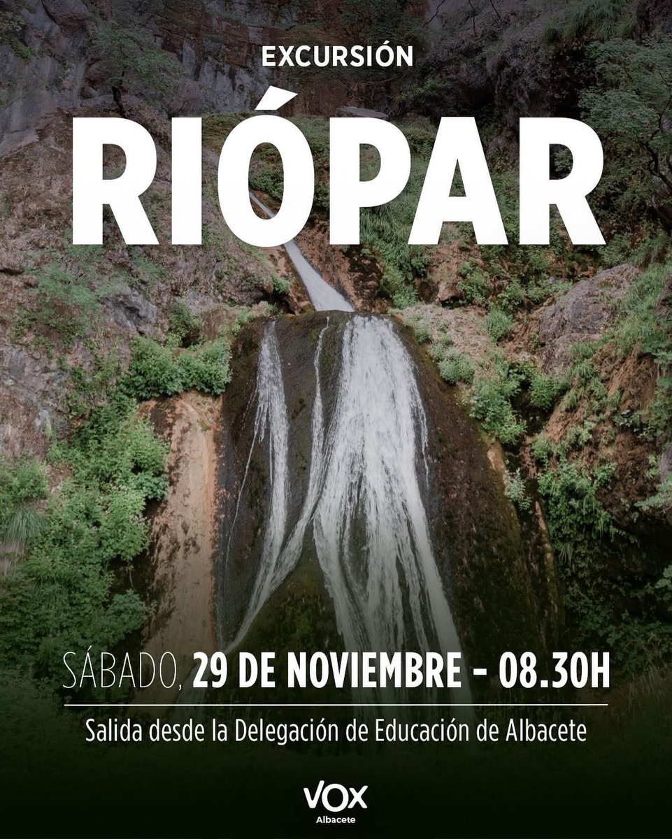 VOX_Albacete's tweet image. ‼️Día de Convivencia Riópar, junto a afiliados y simpatizantes el 29 de noviembre. 🪙 Precio: 15 euros (incluye viaje, comida y visitas)
 🚍 Salida: 8.30 h (Delegación de Educación. 
 🎫 Más información y reserva de plazas en el siguiente enlace:

bclever.ai/eventos/albace…
#vox