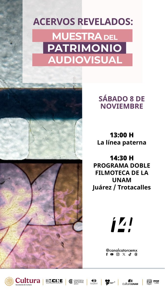 canalcatorcemx's tweet photo. ¿Ya estás listo para la #MuestraDelPatrimonioAudiovisual 2025?🎞️✨
Ven y disfruta de:
⏰13:00h | La línea paterna
⏰14:30h | #ProgramaDoble filmoteca UNAM
📺14.1📱@mxplus_tv
👉https://t.co/gHdCJWfCTO https://t.co/MspZqlOTar