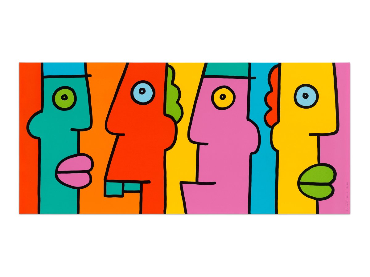 The November 2025 release under Thierry Noir Primary is a deluxe large scale screenprint titled On the road to happiness and success. 

Recalling the Berlin Wall spanning works of the 1980s, the screenprint measures 131cm from end to end. Originated through an entirely analogue