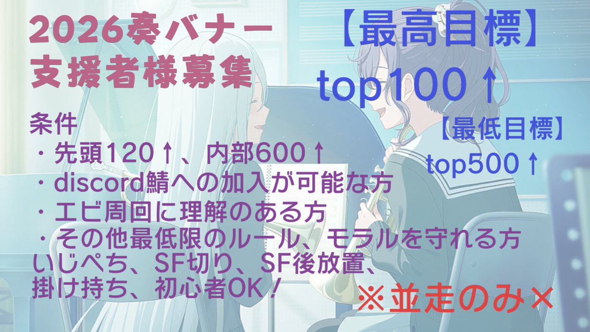 kaima__at__game's tweet image. 絵名バナーお疲れ様です！
ボーダー漏れの才能を感じつつある海真です
次回6周目奏バナーを100ランしたいと思っております！
条件等は画像の通りです🙌
お返しは140/603/31.0で行かせていただきます
FF外の方もぜひ気軽に声をかけてください✨
#プロセカ協力 #プロセカ募集 #プロセカ支援者様募集