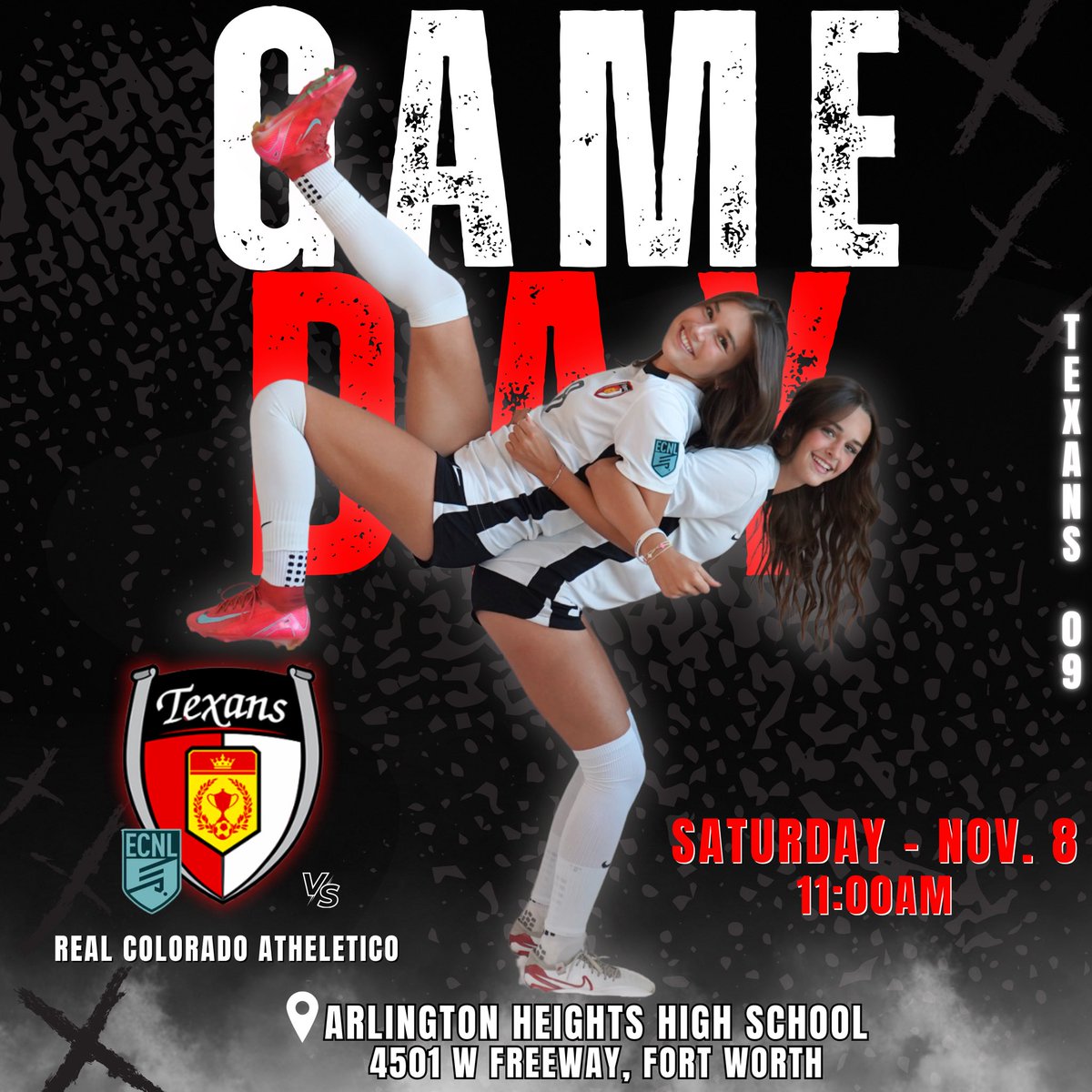 ‼️GAME DAY‼️We've had 2 weeks off and we're ready to get back out on the field to compete!

🗓️ TODAY - Nov 8
⏰ 11am
📍 Arlington Heights High School -
      4501 W Freeway, Fort Worth, TX
🆚 Real Colorado Athletico