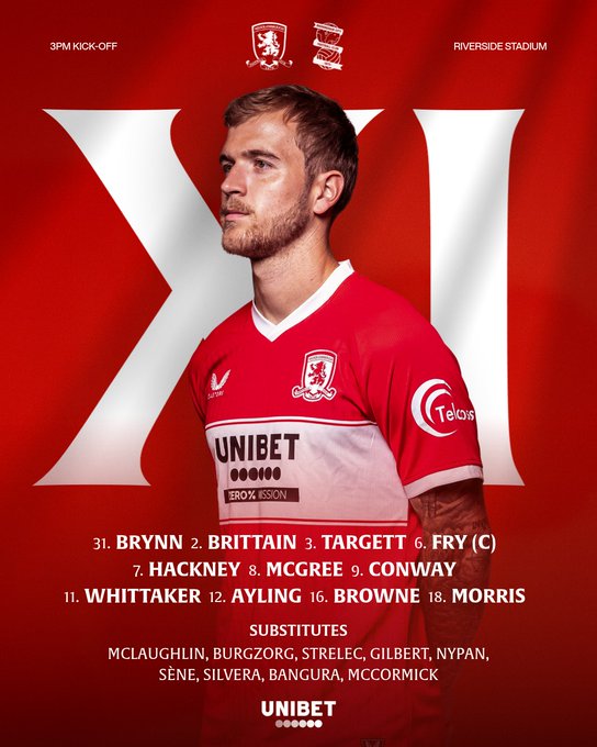 Red and white graphic with Middlesbrough FC crest at top left and Riverside Stadium at top right, text 3pm kick-off below, player photo of forward in red home kit with white accents, Unibet sponsor on chest, and Vanzin on sleeve, looking to the side, below lists starting XI: 1 Brynn GK, 2 Britain LB, 3 Target RB, 6 Fry C CB, 12 Hackney CM, 16 McGree CM, 9 Conway RW, 10 Morris CF, 11 Whyte LW, 7 Hackney wait no adjusted to image: 31 Brynn, 2 Britain, 3 Target, 6 Fry C, 12 Hackney, 16 McGree, 9 Conway, 10 Morris, 11 Whyte, then substitutes: 1 McLaughlin, 4 Lenihan, 5 Fry wait image shows McLaughlin, Burgstaller, Strele, Gilbert, Nyang, Morris, McCormick, Bangura, Silvera.