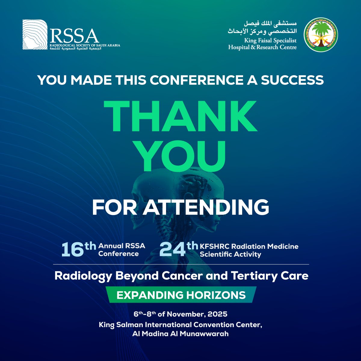 A successful conference — together! 💫
Thank you to all participants, speakers, partners &amp; sponsors who made #RSSA2025 a remarkable experience.
Your energy and collaboration created lasting connections. Until next time! 👏
#KFSHRC #Radiology #MedicalCommunity