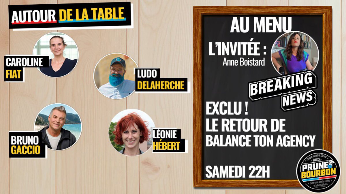 😱 EXCLU – Ce soir 22h ! 

👊🏿 Après 4 mois de silenciation, le compte @balancetonagency de la communicante est de retour aujourd'hui ! Anne Boistard réserve son exclusivité à Prune Bourbon pour nous en parler ce soir.

🍻 Autour de la table : <a href="/GaccioB/">Bruno Gaccio</a>, <a href="/CarolineFiat54/">Caroline FIAT</a>,