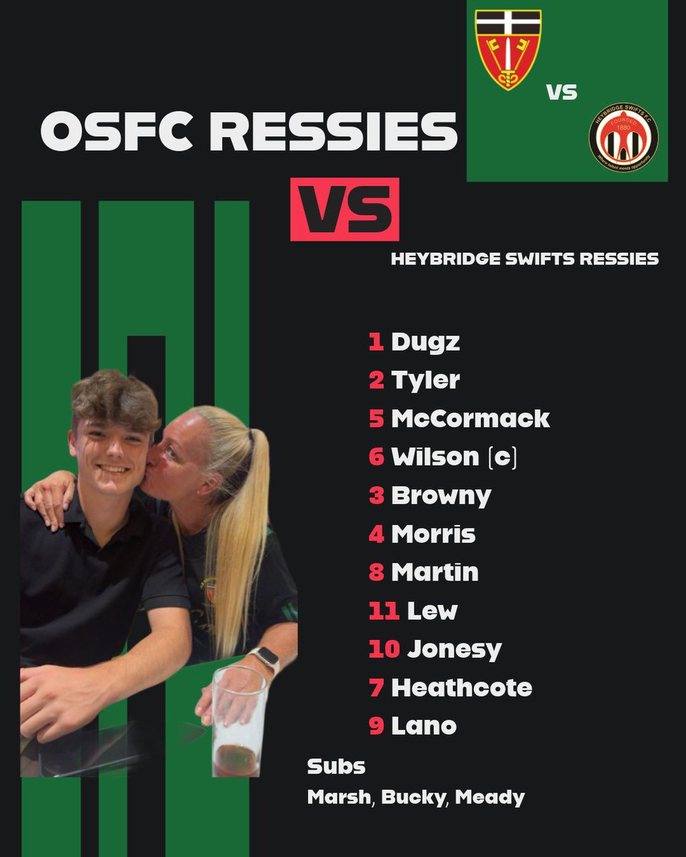 Here’s how we lineup vs <a href="/HSFC_Reserves/">Heybridge Swifts Reserves</a> 

Late change as Captain Wilson drops out after a dodgy Chinese last night. Marsh comes in a right back and Tyler centre half. 

#EOFL #OSFC #UTG