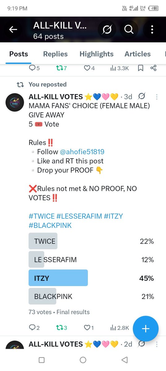 UPDATE ‼️

MAMA FANS' CHOICE (FEMALE) GIVE AWAY
5 🎟️ Vote

NO VOTES WERE DROPPED
RULES DIDN'T MET 

#TWICE #LESSERAFIM #ITZY #BLACKPINK