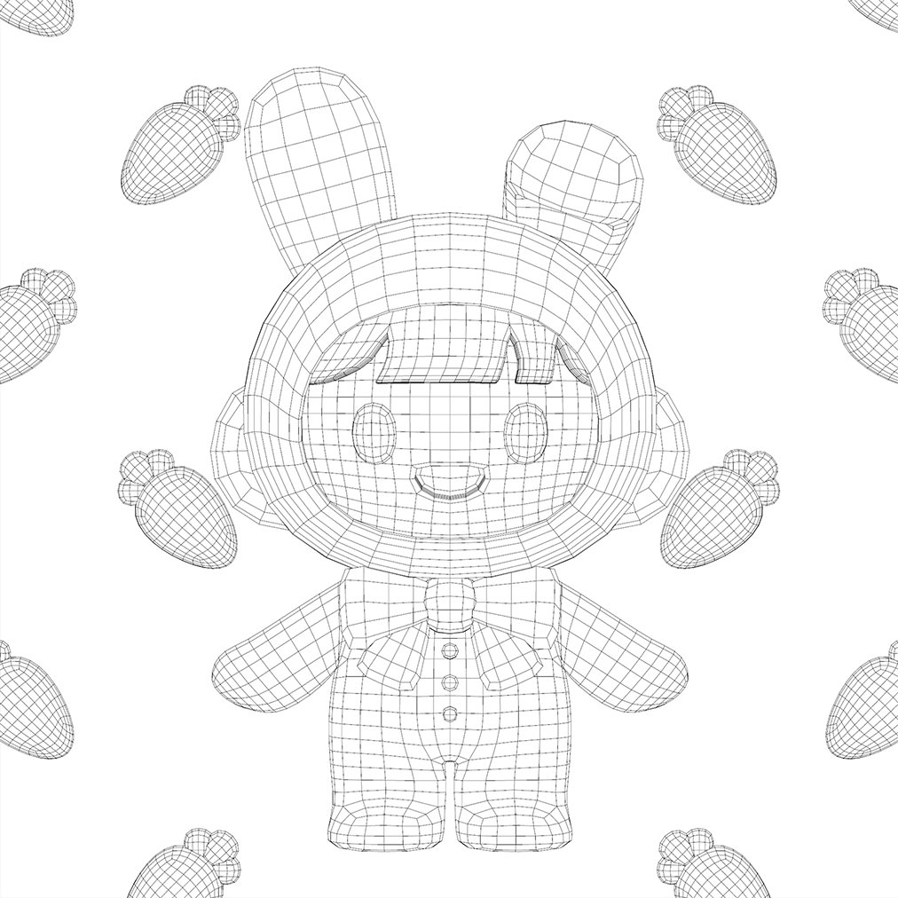 chacooru_cg's tweet image. Class101のチュートリアルを参考に、うさぎの着ぐるみを着たキャラクターを作成！　画像はワイヤです🐰 (2023年の思い出) #Maya #3dCG #Class101