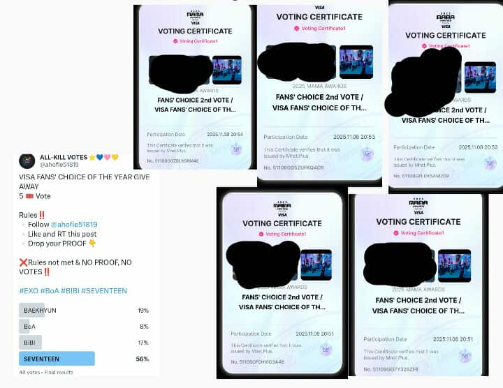 UPDATE ‼️
VISA FANS' CHOICE OF THE YEAR GIVE AWAY
5 🎟️ Vote

DROPPED TO #SEVENTEEN

#EXO #BoA #BIBI #SEVENTEEN