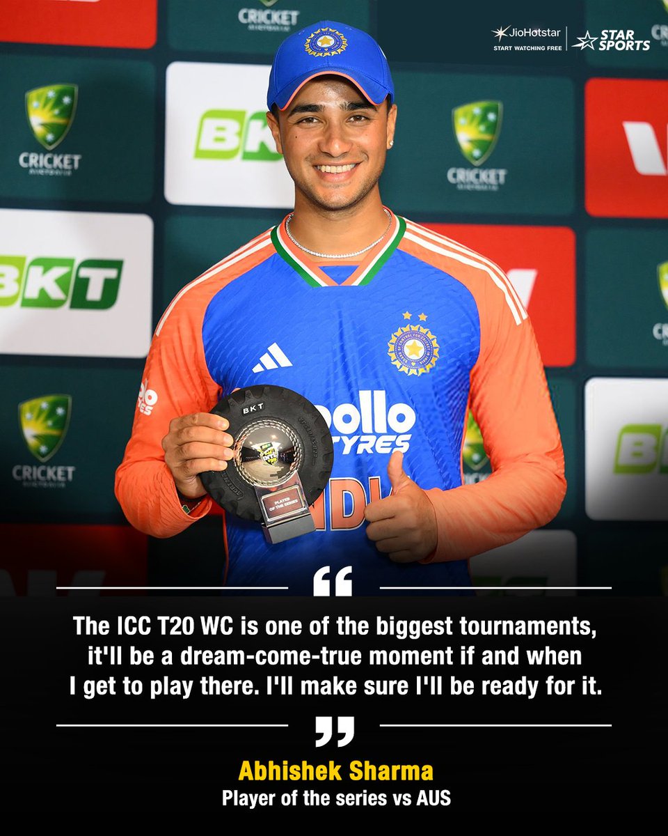 StarSportsIndia's tweet image. Sights set on the big 🏆

After winning the Player of the Series award against Australia, #AbhishekSharma has made his intent loud and clear for the upcoming ICC T20 World Cup! 🙌