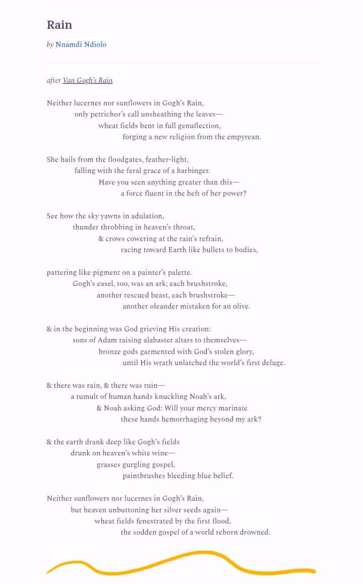 MirrorofBryan's tweet photo. Thrilled to share that my poem "Rain", after @vangoghartist's "Rain", has been published by @onlypoemsmag today. 
Grateful to @poetkarankapoor and the editors at ONLYPOEMS.
@vangoghartist, @pamilerinjacob this one's for you.
https://t.co/MnhOARld77… https://t.co/Xm3BOKDUYE