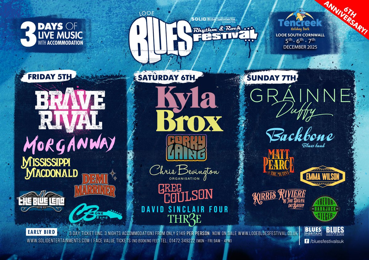 Get ready for an unforgettable musical experience at the Looe Blues Rhythm and Rock Festival 2025 l! From December 5th to 7th, the fantastic Tencreek Holiday Park will be alive with the sounds of 18 incredible acts! 

Ticket link below 👇 

solidentertainments.com/blues/looe/ind…