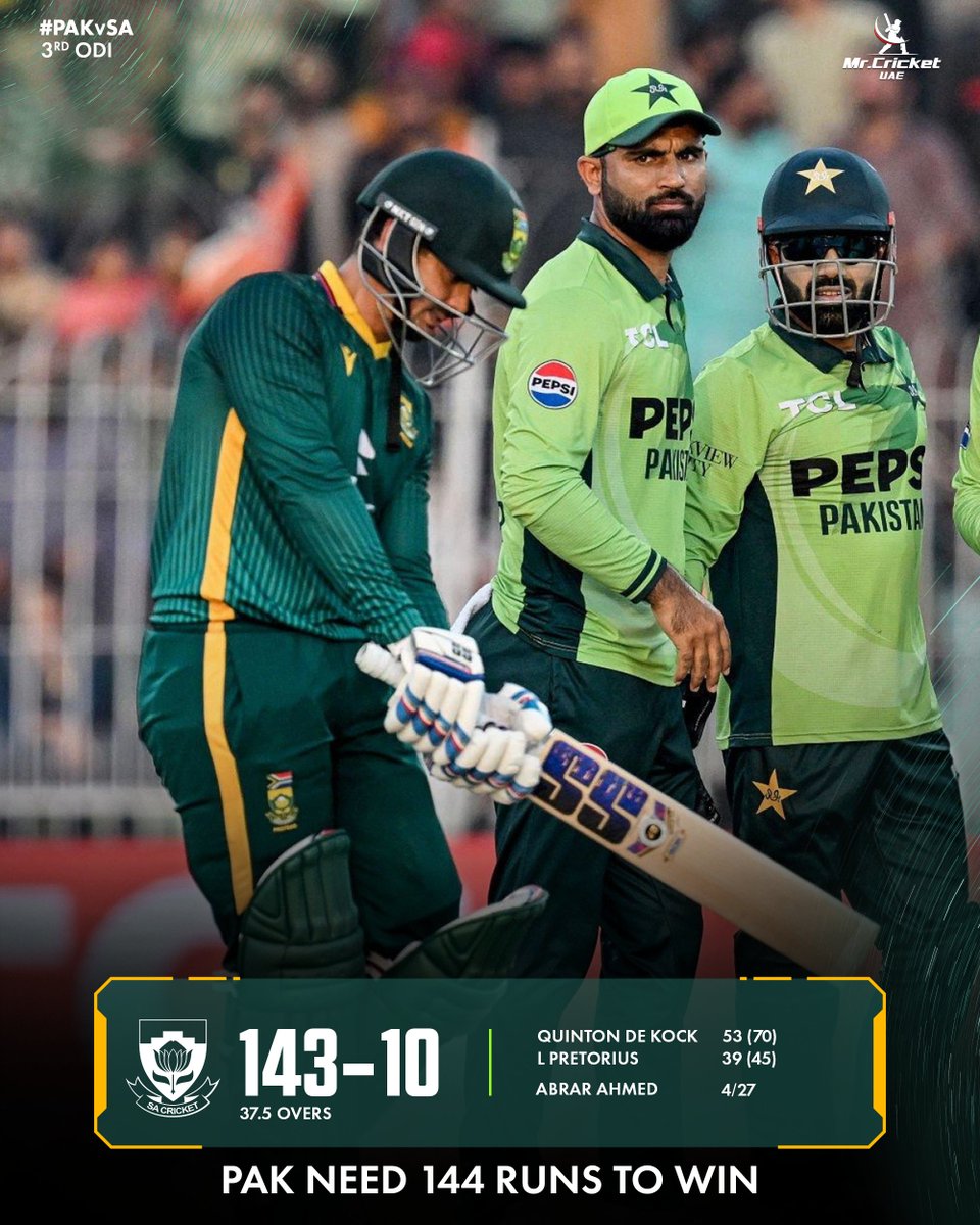 mrcricketuae's tweet image. Pakistan bundled out South Africa for just 143 runs in the series decider😮

#PAKvsSA #ODI