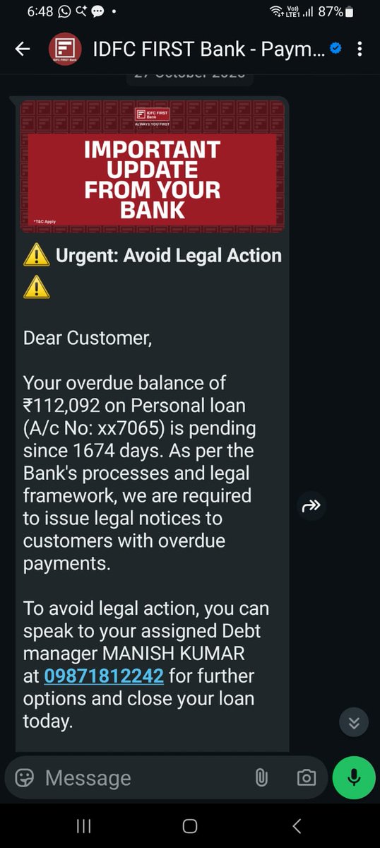 ManzuraliMulla's tweet photo. @IDFCFIRSTBank  @RBI @RBIsays @cpgrams @DFS_India  this is is my seventh complaint against idfc we have recs msg for loan settlement on ams and watsapp bon nov 2024 which we settle and send the payment screenshot to the bank even after this my wife is getting legal msgs https://t.co/cFBErE3gig