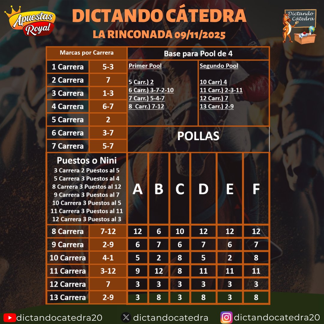 dictandocatedra's tweet image. #Hipismo| Llega por cortesía de
@apuestasroyall toda la información de Dictando Cátedra para la jornada del domingo 09/11/25 en #larinconada y recordando que las marcas por carrera participan en el meeting de pronosticadores de
@dmarquez57