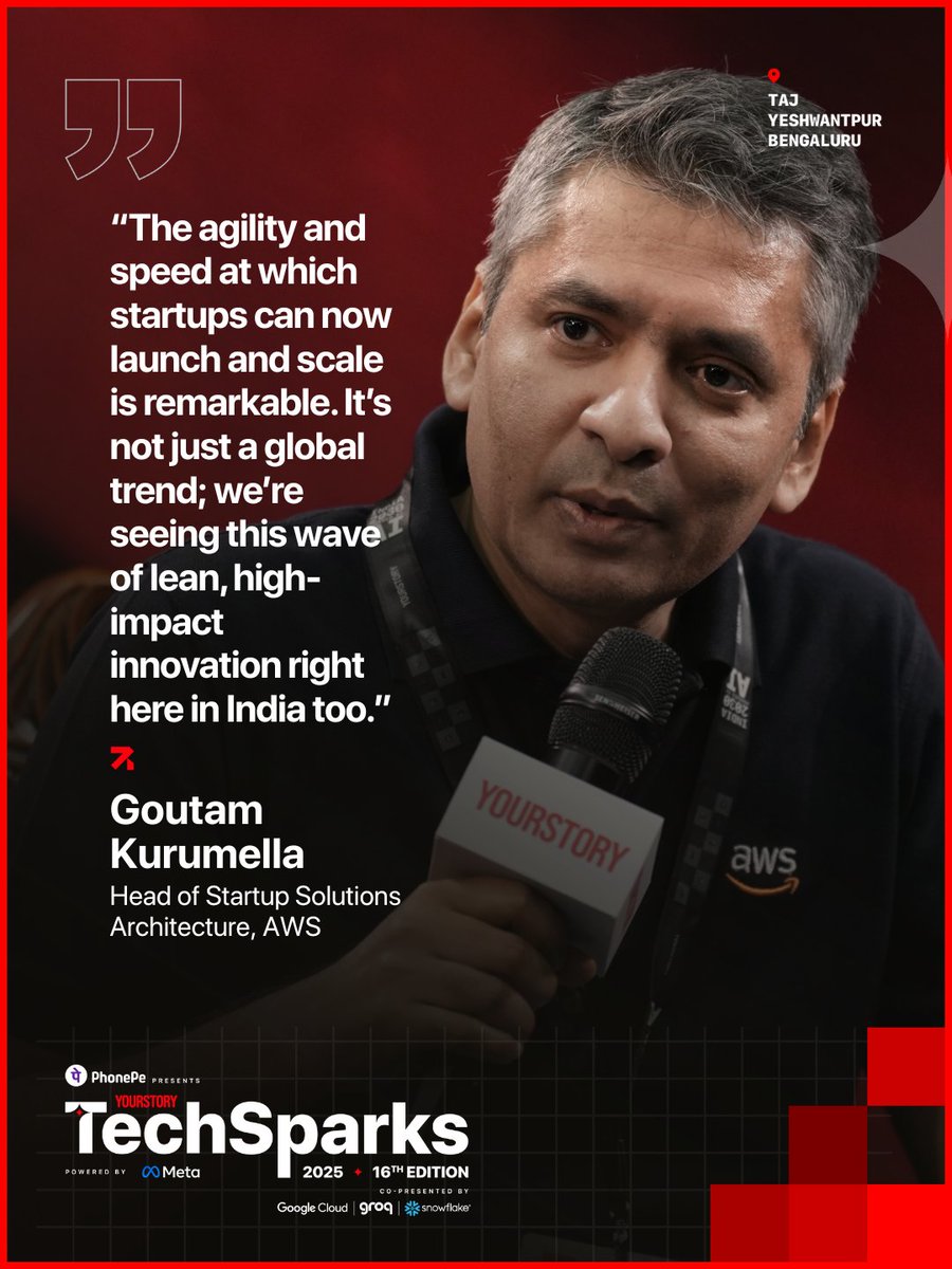 _TechSparks's tweet image. At #TechSparks2025, Goutam Kurumella, Head of Startup Solutions Architecture at @awscloud, said AI and automation are democratising innovation—helping startups build, launch, and scale products faster while focusing purely on solving problems.

@YourStoryCo