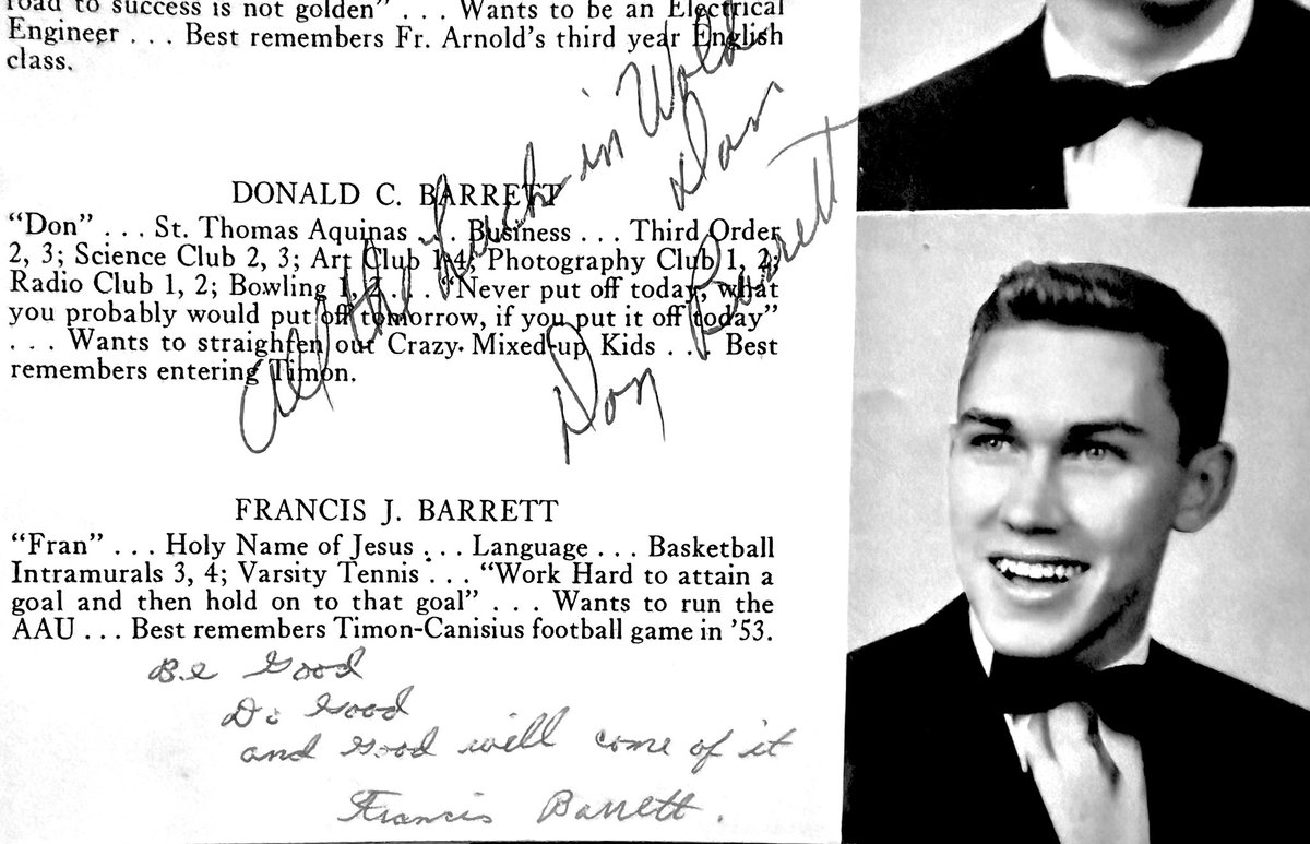 MariaChaJohnson's tweet image. While looking thru my dad’s(Dan Chiacchia) @BishopTimonHigh senior yearbook 1957 came across a quote his Classmate Francis Barrett wrote to my dad “Do Good, Be Good and Good will come of it”  @JoshAllenQB “God Bless” @TheBuffaloNews @BuffaloBills