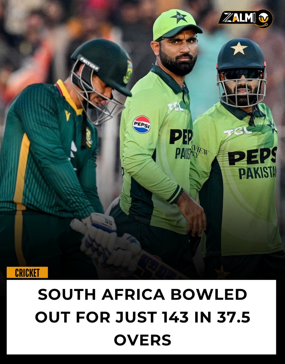 zalmitvlive's tweet image. In the 3rd ODI at Iqbal Stadium, Faisalabad, South Africa were bowled out for 143 in 37.5 overs. Pakistan now needs 144 runs in 50 overs to win.

#PAKvsSA #ODI