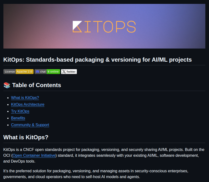 🔥 KitOps

KitOps is a CNCF open standards project for packaging, versioning, and securely sharing AI/ML projects. Built on the OCI (Open Container Initiative) standard, it integrates seamlessly with your existing AI/ML, software development, and DevOps tools.

It’s the preferred