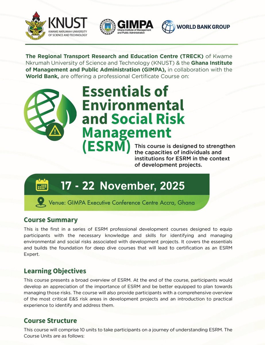 the_ACEProject's tweet image. .@TRECK_KNUST announces the November 2025 edition of its Essentials of Environmental and Social Risk Management (ESRM) course, taking place from 17–22 Nov at the GIMPA Executive Conference Centre, Accra.
Registration is ongoing: tinyurl.com/4atzzj82
#ACEImpact #Sustainability