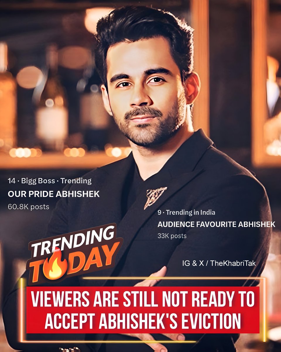 TheKhabriTak's tweet photo. Latest : AUDIENCE FAVOURITE ABHISHEK &amp; OUR PRIDE ABHISHEK is simultaneously TRENDING for #AbhishekBajaj 🎯💕

Fans are not ready to accept the truth as it was BIGGEST UNFAIR decision ever 👍

Comment - Your Opinion 
#BiggBoss #BiggBoss19 

Join - @TheKhabriTak for more https://t.co/YhYshPSdq6