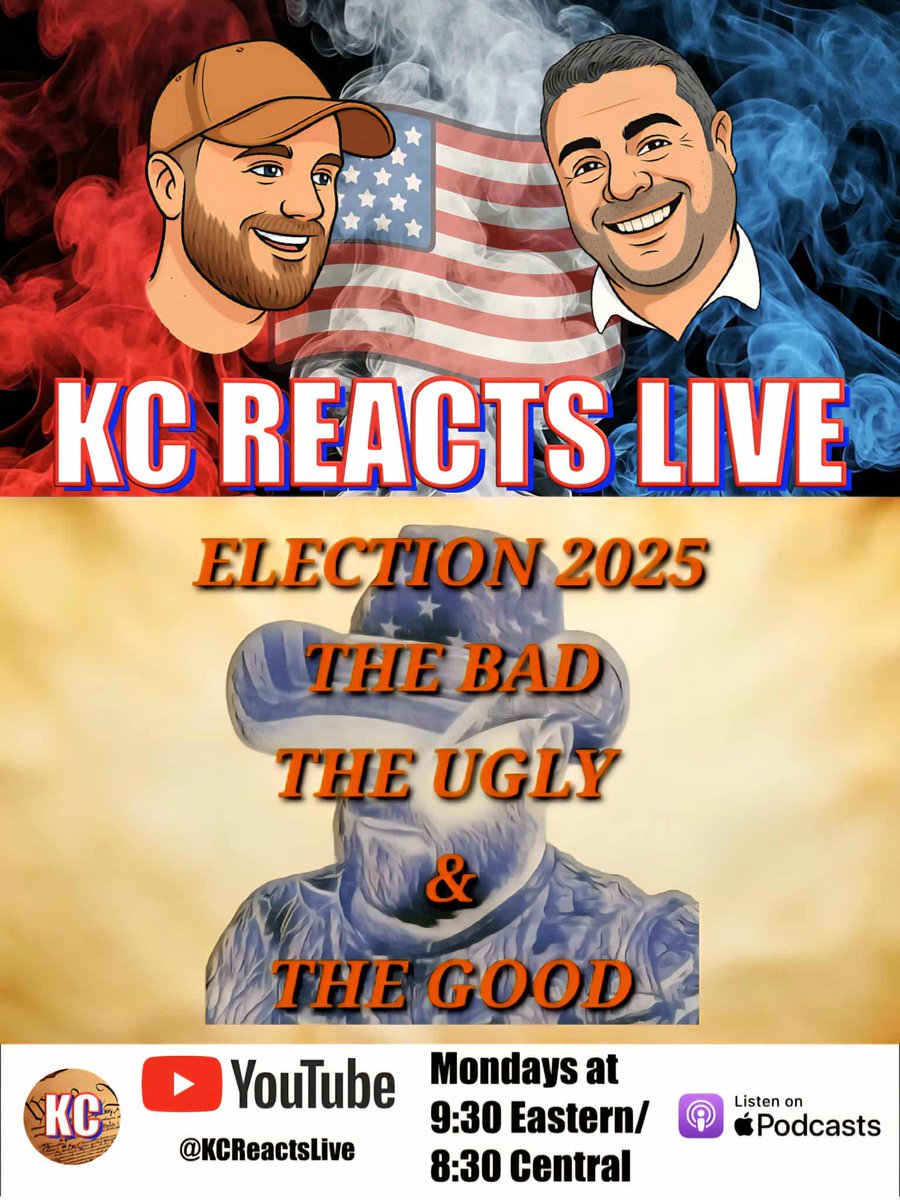 KCReactsLive's tweet photo. 👇🏻CHECK THE COMMENTS👇🏻 Please join us on Mon., Nov. 10th at 8:30pm CT/ 9:30pm ET, as we discuss Election Night 2025. Was it really a catastrophic night for Republicans? What does this mean for 2026? See you in the comments 🇺🇸 #KCReactsLive  @KevinMHammer1  @BarrettForMO https://t.co/aiuzpkIEyy