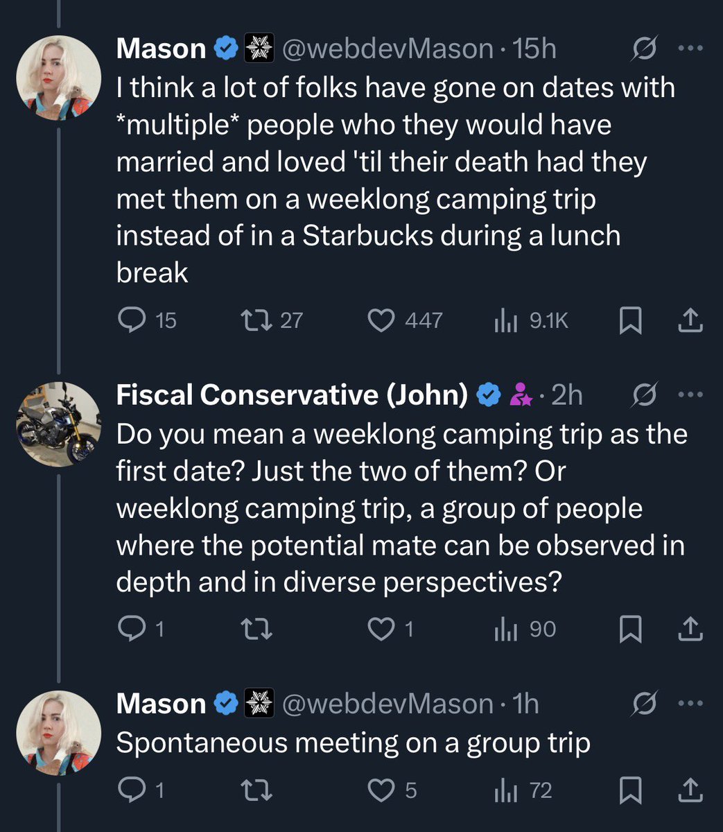 webdevMason's tweet image. I&apos;m cooking this morning. I&apos;m synthesizing

I&apos;m gonna drop a bunch of weird techie millionaires and tradcurious e-girls in the woods