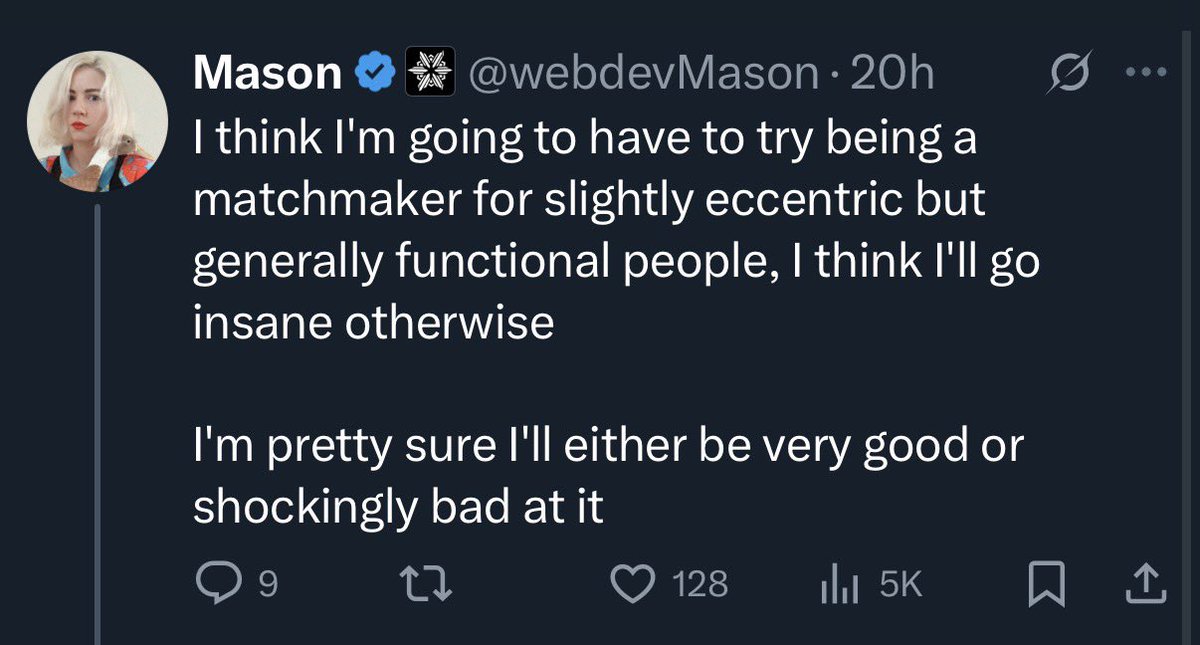 webdevMason's tweet image. I&apos;m cooking this morning. I&apos;m synthesizing

I&apos;m gonna drop a bunch of weird techie millionaires and tradcurious e-girls in the woods